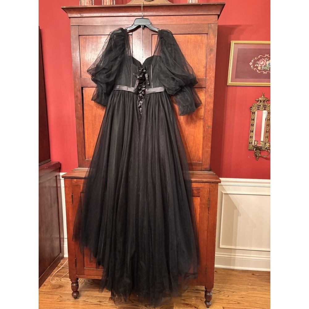 Vintage Black Tulle Ball Gown Dress Beaded Corset Lace Up Puff Sleeves Size 1O - Picture 2 of 9